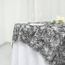 72 Inch x 72 Inch Silver Satin Table Square With 3D Rosettes