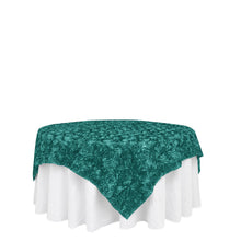 Square Turquoise Satin Table Overlay With 3D Rosettes 72 Inch x 72 Inch