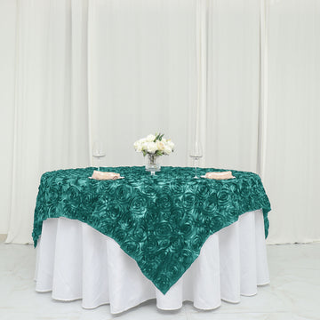 Elevate Your Event with the Turquoise 3D Rosette Satin Square Table Overlay