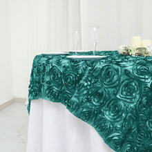 72 Inch x 72 Inch Turquoise Satin Square Table Overlay With 3D Rosettes