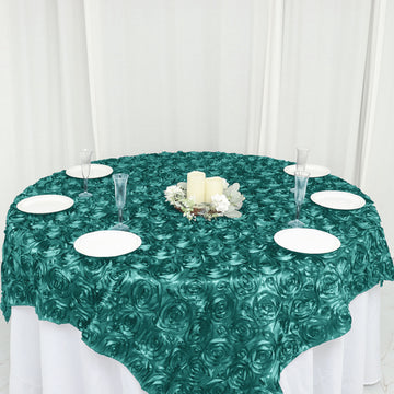 Make a Statement with the Turquoise 3D Rosette Satin Square Table Overlay
