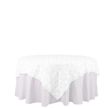 Square White Satin Table Overlay With 3D Rosettes 72 Inch x 72 Inch