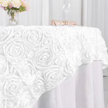 72 Inch x 72 Inch White Satin Square Table Overlay With 3D Rosettes