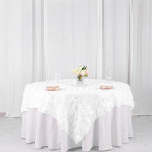 3D Rosette White Satin Square Table Overlay 72 Inch x 72 Inch 