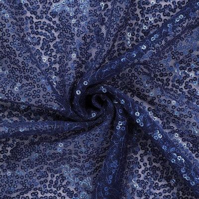 Navy blue sequined lace fabric with intricate patterns and shimmer.