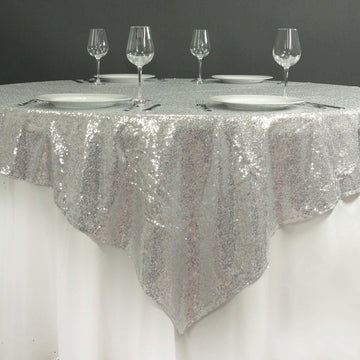 Silver Sequin Sparkly Square Table Overlay 72"x72"