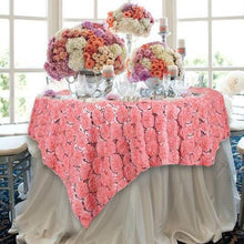 Rose Quartz Satin 3D Blossoms Sequin Lace Square Table Overlay 72"x72"