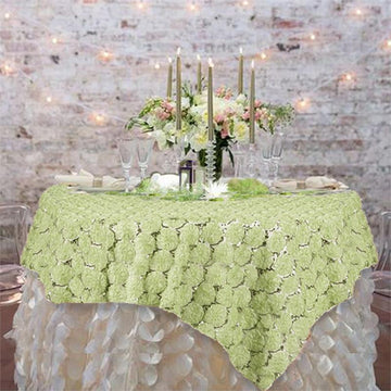 Tea Green Satin 3D Blossoms Sequin Lace Square Table Overlay 72"x72"