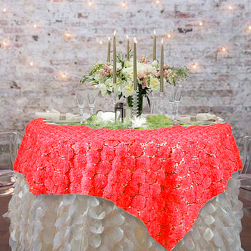 Elevate Your Event with the Coral Satin 3D Blossoms Sequin Lace Square Table Overlay