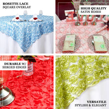 72" x 72" Tea Green Satin Rosette Table Overlay | Rosette On Lace Net Square Overlay