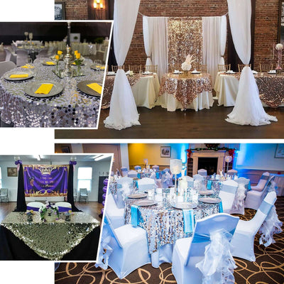 Elegant event tables adorned with sequin decorations and stylish chair covers.