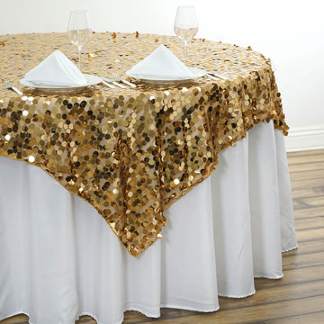 Elevate Your Event Decor with the Gold Premium Big Payette Sequin Square Table Overlay