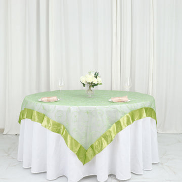 Add Elegance to Your Tablescape with the Apple Green Embroidered Sheer Organza Square Table Overlay