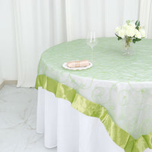 Embroidered Organza Square Table Overlay With Apple Green Satin Edge 72 Inch x 72 Inch