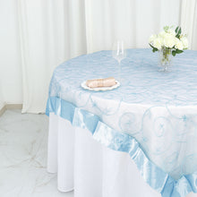 Embroidered Organza Square Table Overlay With Light Blue Satin Edge 72 Inch x 72 Inch