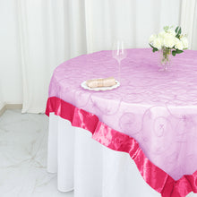 Embroidered Organza Square Table Overlay With Fuchsia Satin Edge 72 Inch x 72 Inch