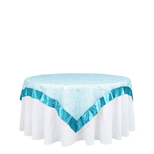 Turquoise Satin Border Embroidered Organza Square Table Overlay 72 Inch x 72 Inch