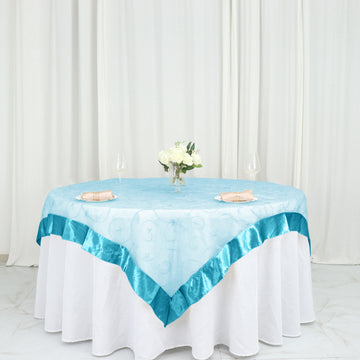 Turquoise Embroidered Sheer Organza Square Table Overlay With Satin Edge 72"x72"
