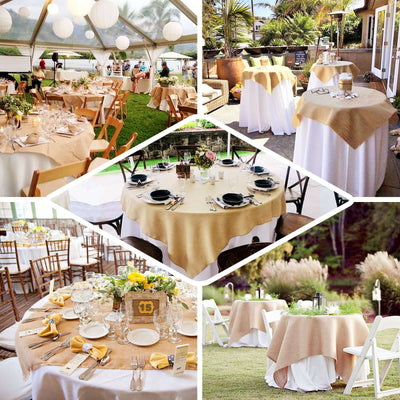 Elegant event table settings with beige table linens and floral centerpieces.