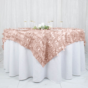 Elegant Dusty Rose 3D Leaf Petal Taffeta Fabric Table Overlay 72"x72"