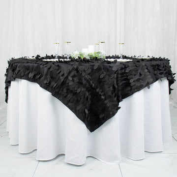 Elegant Black 3D Leaf Petal Taffeta Fabric Table Overlay for Weddings and Events