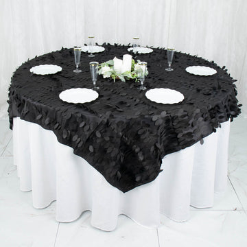 Create a Captivating Atmosphere with the Black 3D Leaf Petal Taffeta Fabric Table Overlay