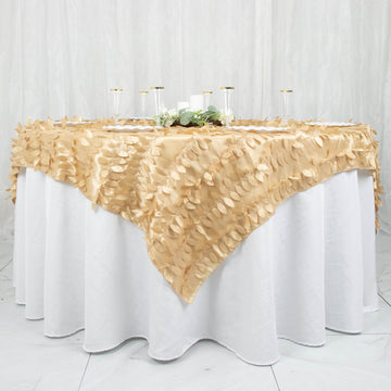 Champagne 3D Leaf Petal Taffeta Fabric Table Overlay 72"x72"