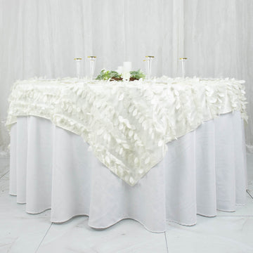 Elegant Ivory 3D Leaf Petal Taffeta Fabric Table Overlay 72"x72"