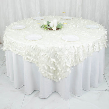 Versatile and Elegant Ivory 3D Leaf Petal Taffeta Fabric Table Overlay 72"x72"