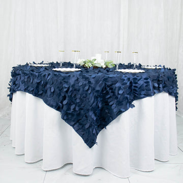 Elegant Navy Blue 3D Leaf Petal Taffeta Fabric Table Overlay 72"x72"