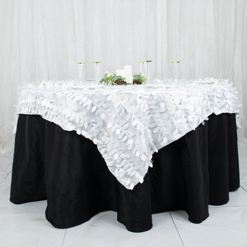 White 3D Leaf Petal Taffeta Fabric Table Overlay 72"x72"