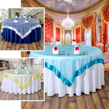 85 Inch x 85 Inch Square Yellow Embroidered Sheer Organza Table Overlay With Satin Edge