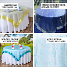 Yellow Embroidered Sheer Organza Square 85 Inch x 85 Inch Table Overlay With Satin Edge