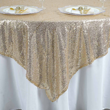 Champagne Premium Sequin Square Table Overlay - The Perfect Choice for Luxury Events
