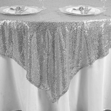 Silver Premium Sequin Square Table Overlay: The Perfect Addition to Your Wedding Decor
