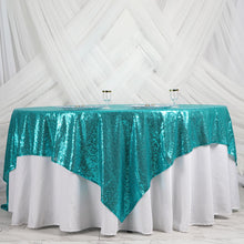 Turquoise Premium Sequin Square Sparkly Table Overlay 90 Inch x 90 Inch