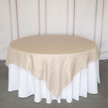 Elegant Beige Accordion Crinkle Taffeta Square Table Overlay 90"x90"