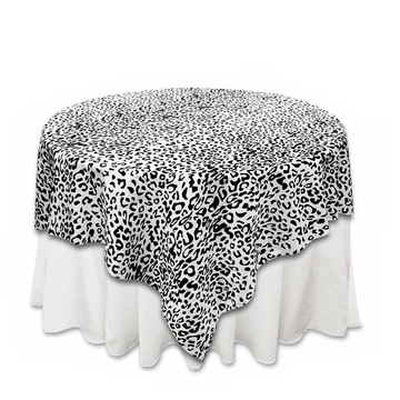 Elevate Your Event Decor: Black / White Leopard Print Taffeta Square Table Overlay 90
