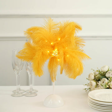15" LED Gold Ostrich Feather Table Lamp Desk Light, Battery Operated Cordless Wedding Centerpiece