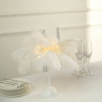 LED White Ostrich Feather Table Lamp Desk Light, Battery Operated Cordless Wedding Centerpiece 15"