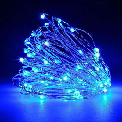 Blue LED fairy lights on a wire strand, glowing in a dark setting.