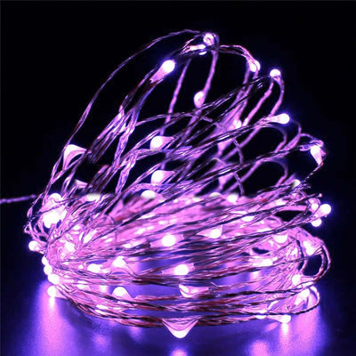 Purple LED fairy lights on a dark background.