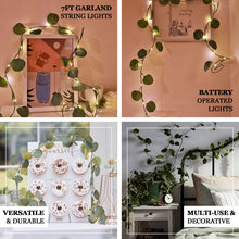 7 Feet Battery Operated Artificial Warm White Green Silk Eucalyptus Leaf Garland Vine String Lights with 20 LED