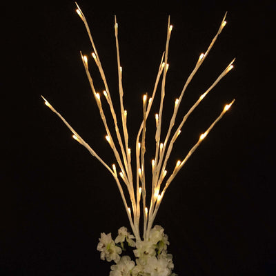 Illuminated branch centerpiece with LED lights against a dark background.
