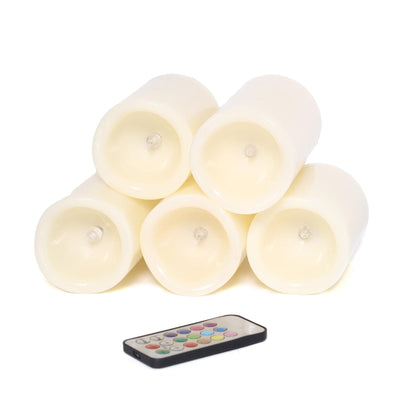 Set of five remote-controlled LED candles with a color-changing remote.