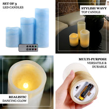 Set of 3 Blue Flameless LED Battery Operated Remote Powered Pillar Candles 4 Inch 6 Inch 8 Inch
