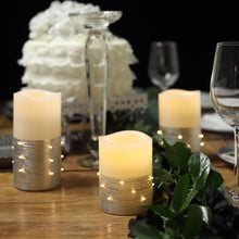 3 Set Silver Flameless LED Remote & Battery Operated Pillar Candles Wrapped with Fairy String Lights 4 Inch 5 Inch 6 Inch