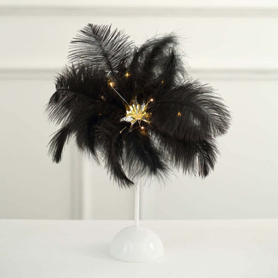 Black feather decorative piece with lights on a white stand.