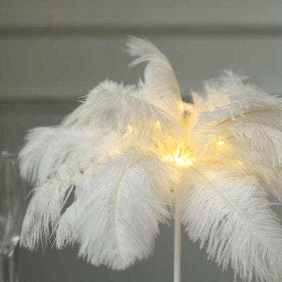 White feather lamp with warm lights, perfect for elegant decor.