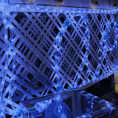 Decorative blue LED lights on a lattice backdrop.
